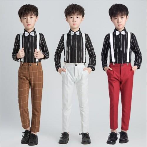 Childrens Student Uniform Performance Dress Clothing Sets Boys Striped Shirts + Pants 2PCS Clothes Sets Kids Formal Costume