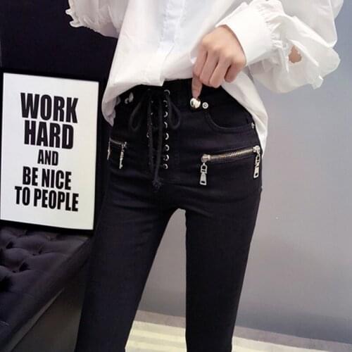 New Harajuku Fake Zipper Women Denim Pants 2020 Spring Autumn Lace Up High Waist Sexy Slim Jeans Pencil Pants Ladies Streetwear