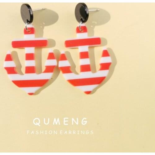 QUMENG 2020 korean Earrings for women Fashion acrylic Boat Anchor stud Earrings red and white stripe Fresh Personality Jewelry