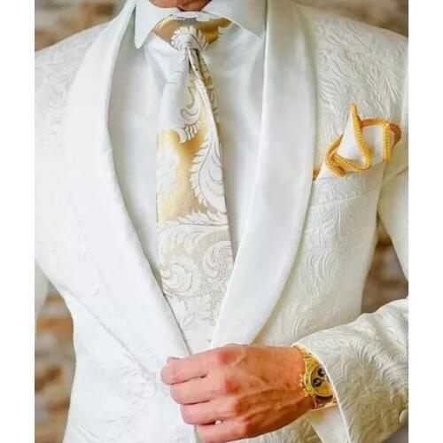 Custom Made Men Suits Slim Fit White Paisley Groom Tuxedos Groomsmen One Button Shawl Lapel Best Man Suit Wedding Mens Blazer