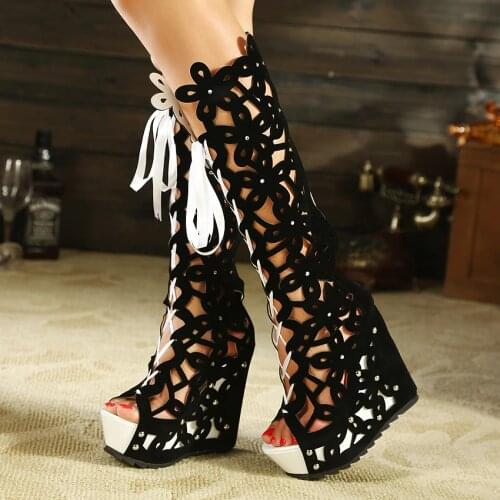 Summer Wedges Chunky Heel Lace-up Peep Toe Women Knee High Boots Lady Cut Out Open The Toe Back Zipper Long Boots SXQ0605