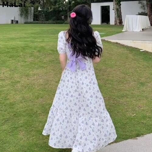 Sweet Floral Print Dress Elegant Kawaii Bow Backless Casual Midi Dress Summer 2021 Female Designer Vintage Holiday Party Dress