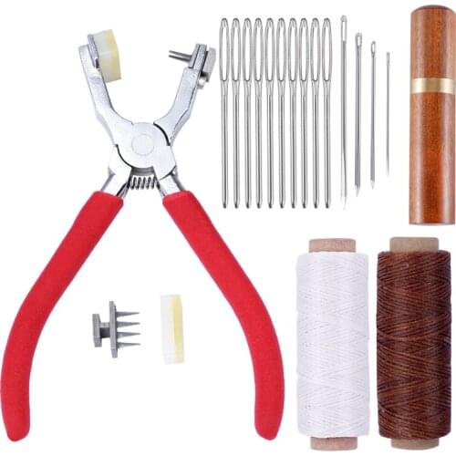 Nonvor Professional Multifunction Leather Pliers Hand Tools Stitching Hole Punch with Leather Needle,Wooden Case,Waxed Thread