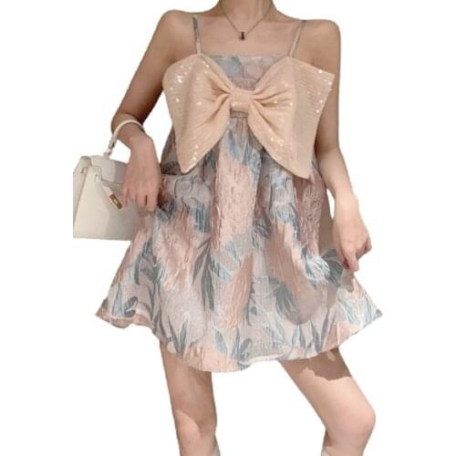 PERHAPS U Summer Girls Sweet Sexy Mesh Chiffon Sequins Bow Floral Print Camisole Spaghetti Strap Ball Gown Short Dress D3065