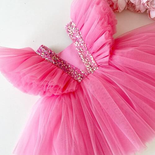 Sequin Baby Girl Dress Sleevesless Flower Girl Dress Knee Length Dresses For Girls Bow Puffy Pageant Fancy Wedding Gown 3-8 Yrs