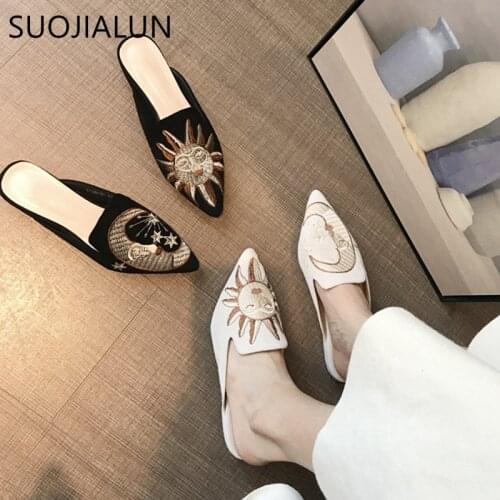 SUOJIALUN Women Slippers Pointed Toe Slip On Half Slippers Fashion Embroider Mules Autumn Outdoor Casual Ladies Sandals Slides