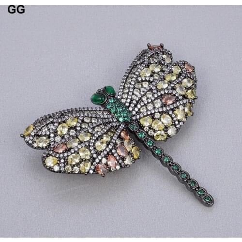 GuaiGuai Jewelry Luxury Brooch 51x58MM Multi Color Cubic Zirconia Micro Pave Dragonfly Gunmetal Color Plated Shape Brooch Women