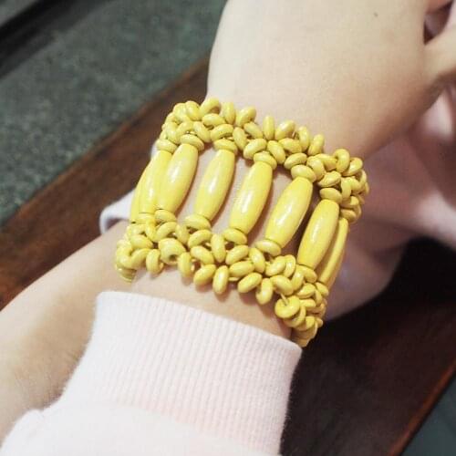 Handmade Yellow Wood Beads Bracelets For Women Flexible Bracelet and Bangles New Design Party Bohemian Jewelry UKEN