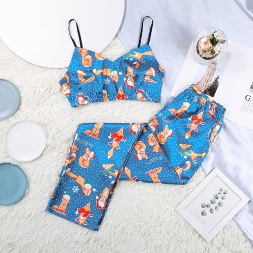 Cartoon Print Satin Women Sleepwear Christmas Clothes Female Snowflake Prints Ladies Homewear V-Neck Tops Two Piece Sets