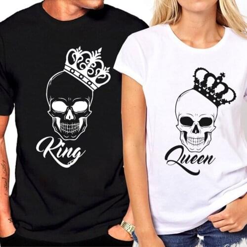 King and Queen Unisex T-shirt Set Velentines Gift Tops Plus Size Summer Tops Short Sleeve Couple Clothes Skull Women T Shirt