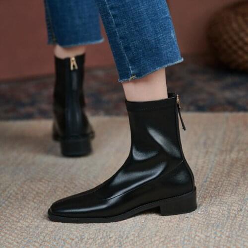 Elegant Concise Back Zipper Women Warm Boots Genuine Leather Round Toe Thick Heels Pumps Wedding Office Lady Shoes Woman