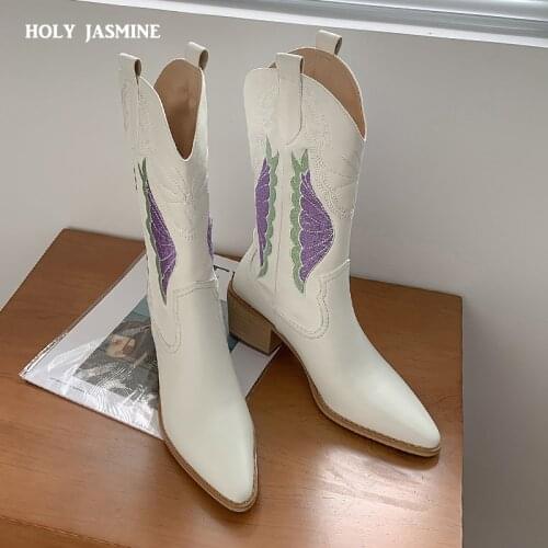 2022 Winter Boots Retro Genuine Leather Western Cowboy Boots Mid Boots Block Heels Footwear New Fashion Women Soft Leather Shoes