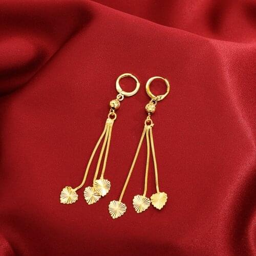 24K Gold Filled Earrings For Women African Gold Three Hearts Long Tassel Earing Statement Jewelry Pendiente Mujer Brincos Femme