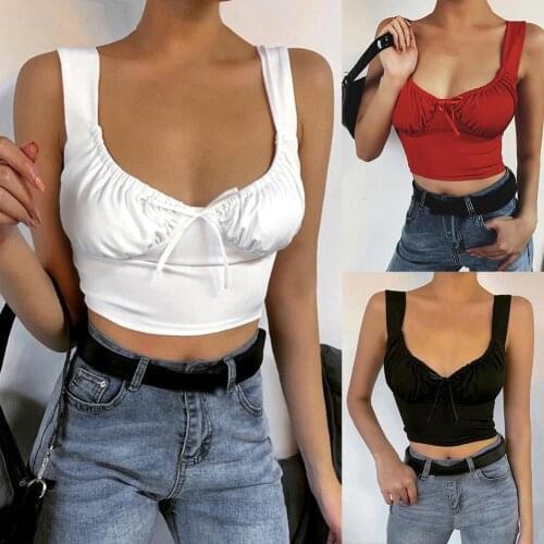 Women Summer Sleeveless Tanks Top Sexy Women Solid Color Bowknot V Neck Sleeveless Wide Strap Crop Top Camisole Fashion Top