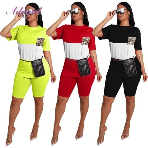 Women Tracksuit Casual Patchwork Leopard Print Pocket Short Sleeve + Bikers Loose Pants Suit Sport Two Piece Set Outfit Jogging