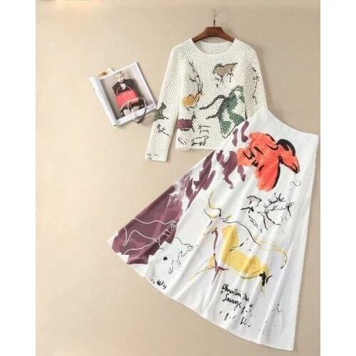 High Quality Runway Designer New 2018 Autumn Suit Fall Green Long Sleeve Sexy Knit Sweater+Printed Slim Skirt Suit