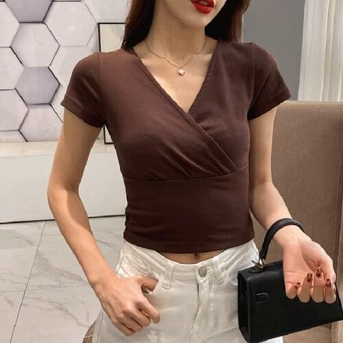 Women Crop Top Criss-Cross Skinny T Shirt Short Sleeve Tops T-Shirts V Neck Casual Tees Summer Korean Fashion Womens Clothes
