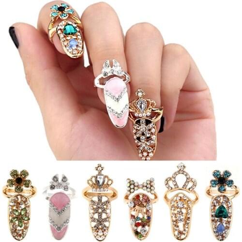 1Pc Women Fashion Bowknot Gold Nail Ring Nail Art Decoration Charm Crown Flower Crystal Finger Nail Rings Nail DIY