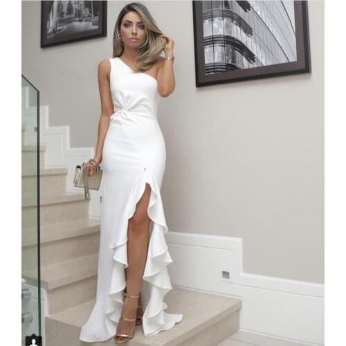 2020 Summer Women Elegant Sexy Off Shoulder Split Ruffles Asymmetrical Party Dress Female Casual Solid Bodycon Maxi Dresses