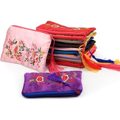 Crescent shaped Embroidered Large Jewelry Gift Bags Packaging Zipper Tassel Purse Silk Bangle Bracelet Necklace Storage Pouches