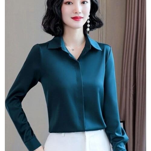 Satin Elegant Womens Blouses 2021 Spring Long Sleeve Vintage Shirts Silk Ladies Tops Workwear Fashion Blusas Button Shirts X264