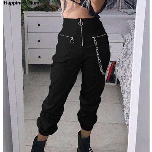 Harajuku Black Streetwear Women Casual Pants Gothic Punk Grunge Harem Pants With Chains Black Female Long Trousers