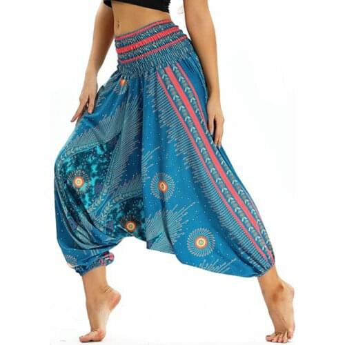 Women Elastic Waist National Style Pants Soft Loose Thai Harem Pants Indie Folk Boho Festival Hippy Casual Trousers Loose