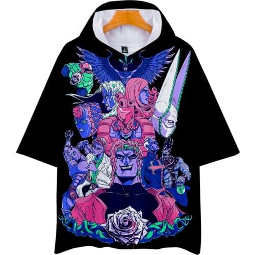 Black Harajuku 3D JOJO Hooded T Shirts Men Women Summer Short Sleeve Hooded T-shirt Casual Boys Girls 3D JOJO T Shirt Top