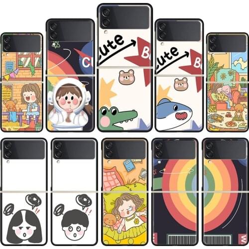 Black Hard Case for Samsung Galaxy Z Flip 3 5G Cell Phone Bag ZFlip 6.7" PC Segmented Protect Cover Coque Cute Bear Shark Couple