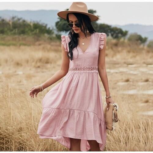 For Women’s Summer Dresses Fashion Hollow Ruffle Short Sleeve O Neck Dress 2021 Ladies Beach Casual Dress Vetement Femme 2021