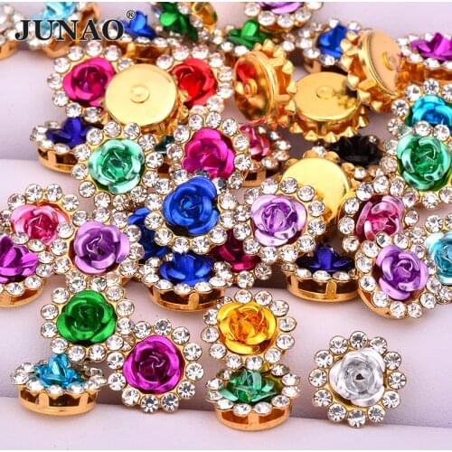 JUNAO 10 12 14mm 50pcs Sewing Mix Color Glass Flower Rhinestone Flat Back Crystal Stone Bridal Glass Beads Applique Crafts