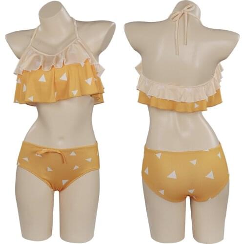 Demon Slayer Cosplay Agatsuma Zenitsu Costume Female Girl Swimwear Outfits Halloween Carnival Suit