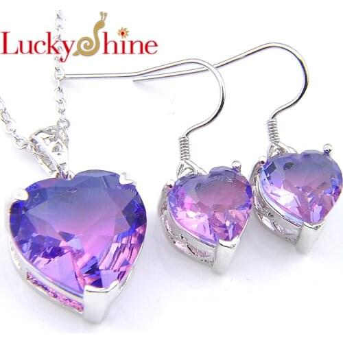 Luckyshine 2 Pcs/Set For Women Earring Pendants Sets Silver Bi colored Tourmaline Fashion Heart-shaped Earring Pendants Sets