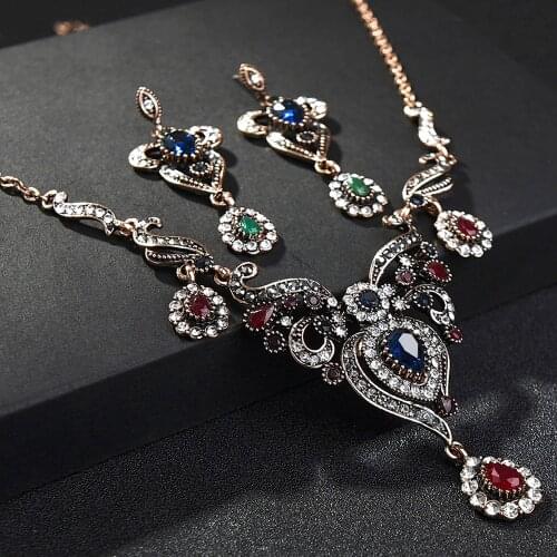 Ethnic Vintage Necklace Earring Sets for Wedding Red Pendants Chains Resin Crystal Bride Bridesmaid Wedding Jewelry Set