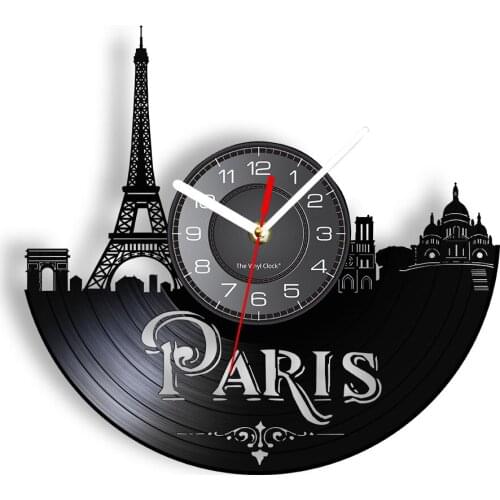 Paris Cityscape Laser Cut Longplay Wall Clock French Landmark Retro Vinyl Record Timepiece Hanging Silent Vinyl Art-Wall Decor