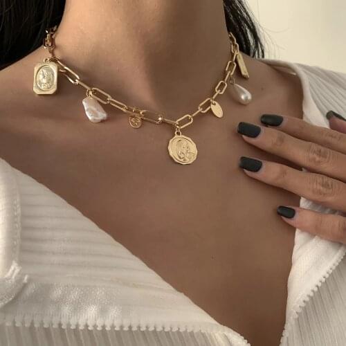 Punk Cuban Curb Flower Tassel Pendant Choker Necklace Women Men Vintage Minimalist Coin Portrait Necklace Fashion Neck Jewelry