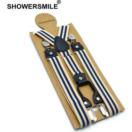 SHOWERSMILE Striped Suspenders Men Beige Shirt Belt 4 Clips Y Back Mens Trousers Suspenders Braces Male Pants Strap 2.5cm*120cm