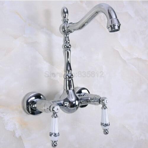 Polished Chrome Brass Wall Mounted Bathroom Kitchen Sink Faucet Swivel Spout Mixer Tap Dual Ceramics Handles Levers tnf958