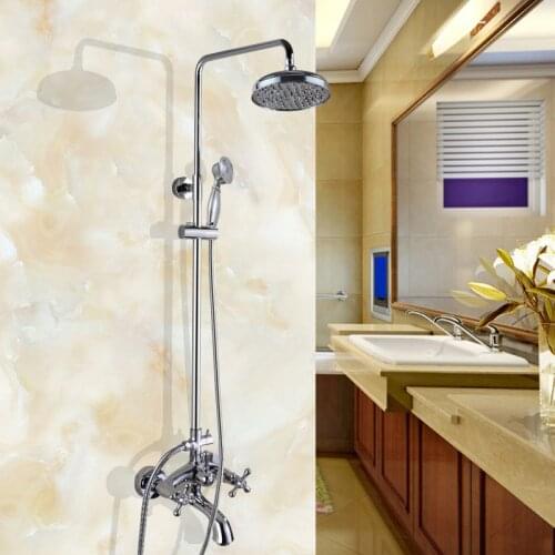 Polished Chrome Wall Mounted Bathroom Rain Shower Faucet Set Dual Cross Handle Tub Tap + Hand-Held Shower Head acy355