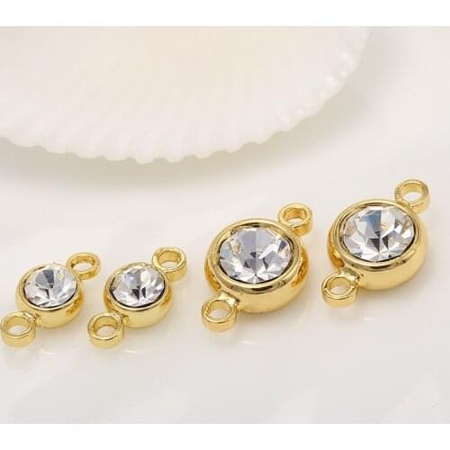 6PCS 5MM 7MM 14K Gold Plated Brass and Zircon 2 Holes Round Connect Charms Pendants High Quality Jewelry Findings Accessories