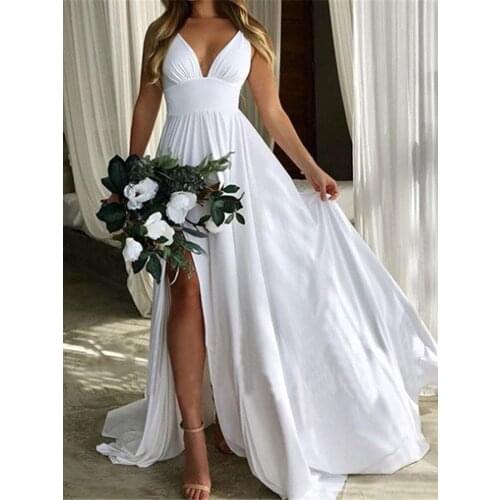 Sexy Deep V-neck Slit Simple Wedding Dress 2021 Elegant Sleeveless A-line With Train Luxury Wedding Dresses Robe De Marie