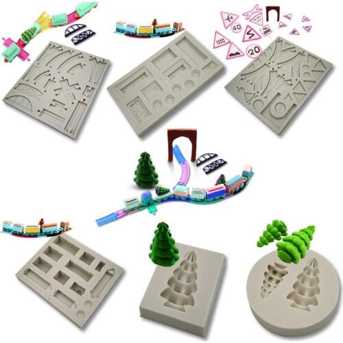 Train Series Pine Track Signpost Silicone Mold Fondant Mold Cake Decorating Tools Train Compartmen Chocolate Gumpaste Mold H964