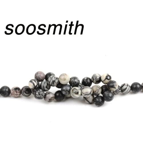 Soosmith Natural Black Network Stone Beads 4/6/8/10/12mm For Jewelry Making Round Loose Stone DIY Jewellery Making Bracelet Bead