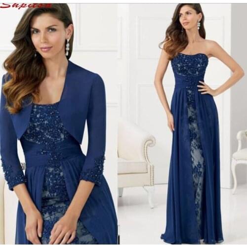 Navy Blue Mother of the Bride Dresses for Weddings Lace With Jacket Evening Prom Groom Godmother Dresses