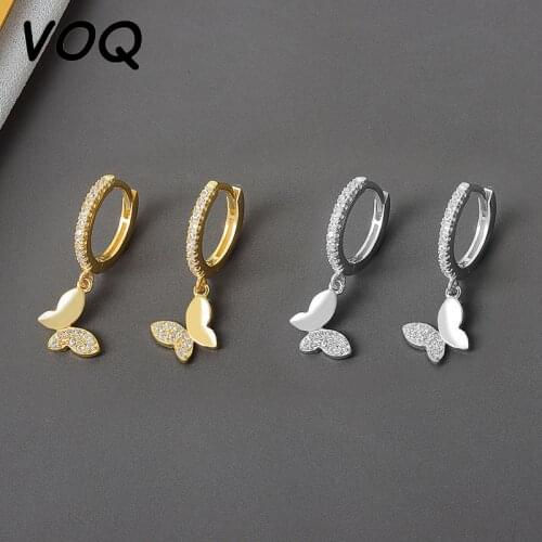 VOQ 925 Sterling Silver Butterfly Hoop Earrings for Women Shiny CZ Gold Silver Jewelry Gifts