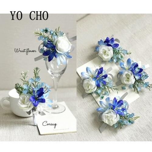 YO CHO Corsages White Blue Boutonniere Silk Rose Buttonhole Wedding Corsage Brooch Bracelet Flowers Boutonniere Pin Bracelet