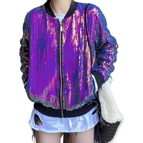 Women Sequins Jacket Slim Basic Zipper Long Sleeve Coats Spring Autumn Female Baseball Jacket Outwear Tops