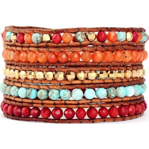 Womens Bracelets New Mixed Stones 5 Strands Weave Leather Wrap Bracelet Vintage Handmade Natural Stones Bracelet Dropshipping