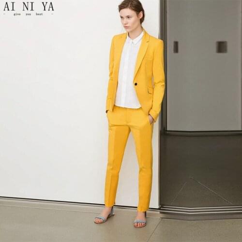 Yellow Womens Business Suits Women Evening 2 Piece Pant Suits Female Office Uniform One Button Ladies Formal Trouser Suits