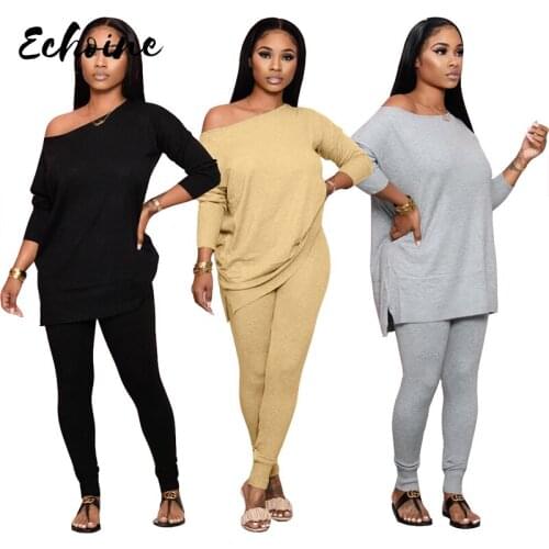 Womens 2 Two Piece Set Sweater Solid Color Round Neck Side Off-shoulder Top Long Pants Loose Casual Two Piece Set Autumn Winter